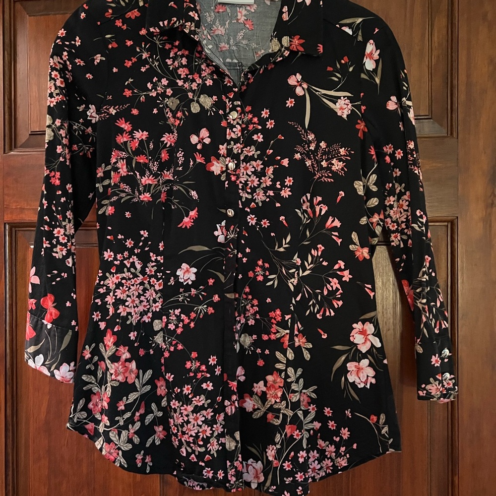 New York & Company Black and Pink Floral Button Down Shirt